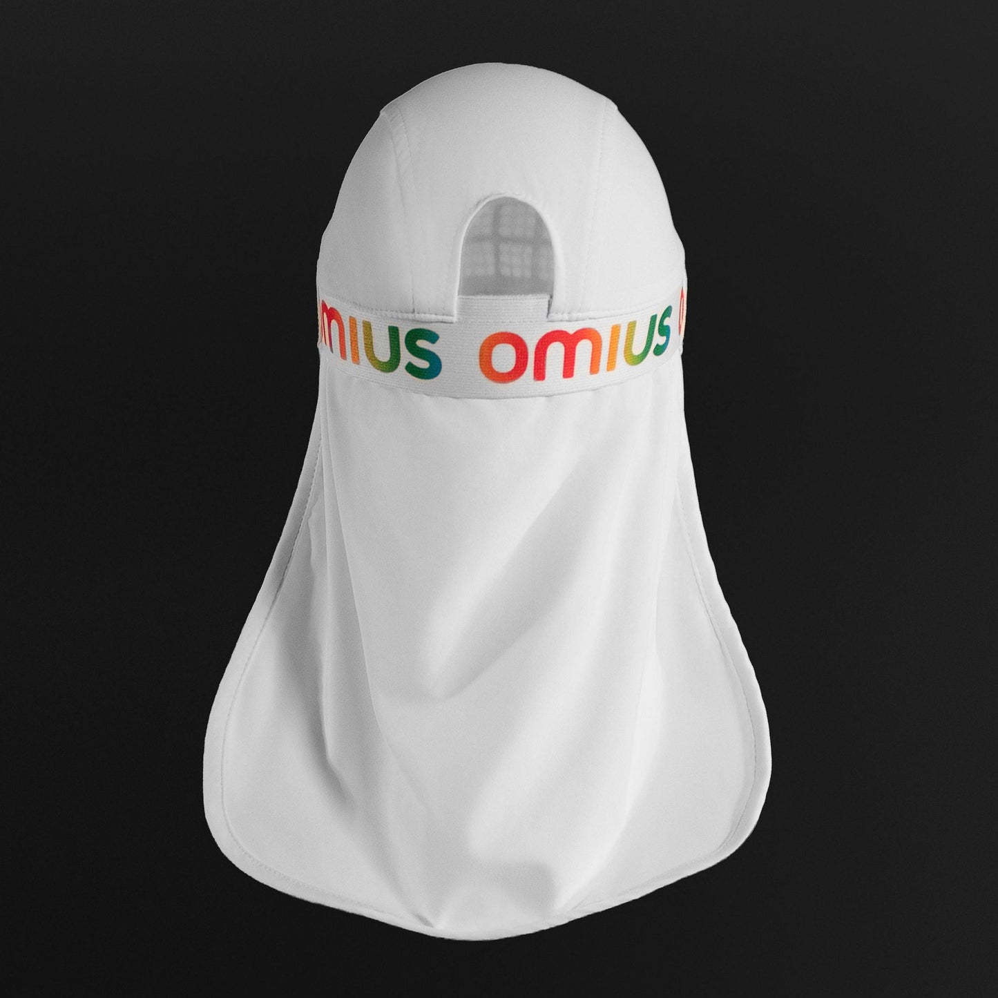 White Omius cooling cap with neck cover on a black background.